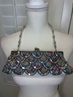 Vintage Kisslock Embellished Multicolor Sequin Evening Clutch 10.5”X4”